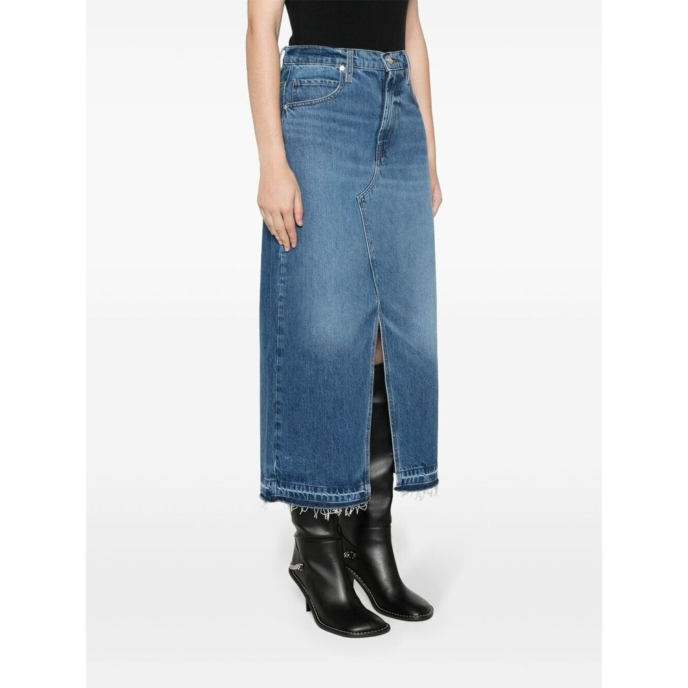 FRAME Womens Washed Denim Midi Front Slit Raw Hem Skirt in Blue Size 30